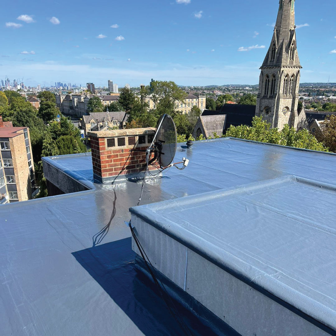 liquid roof membrane on flat roof overlooking church