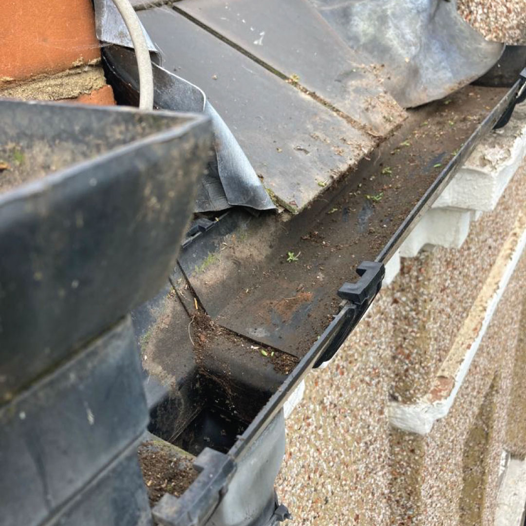 close-up of gutter with dirt and debris inside