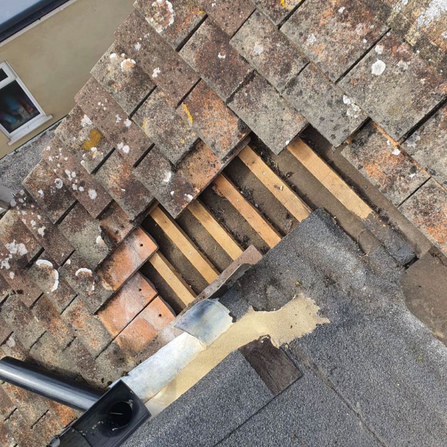 Roof leak investigation with tiles removed to show beams